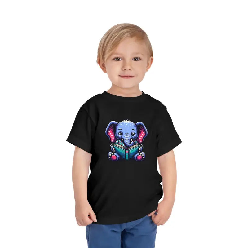 Adorable Elephant Reading Book Short Sleeve Tee for Toddlers - Black / 2t Kids Clothes