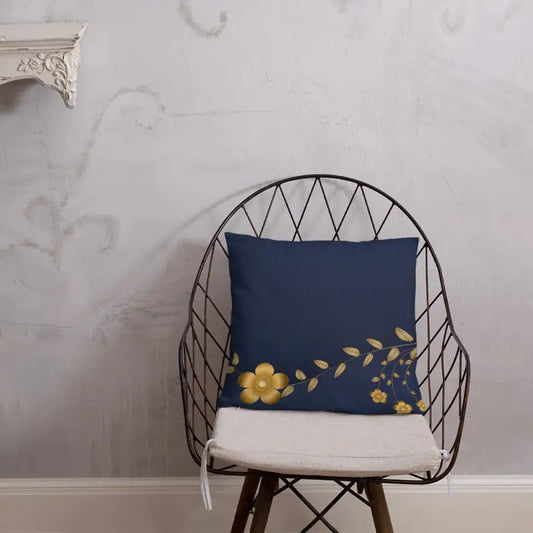 Upgrade Your Sofa Game: Navy Blue Golden Flower Pillow - Home Decor