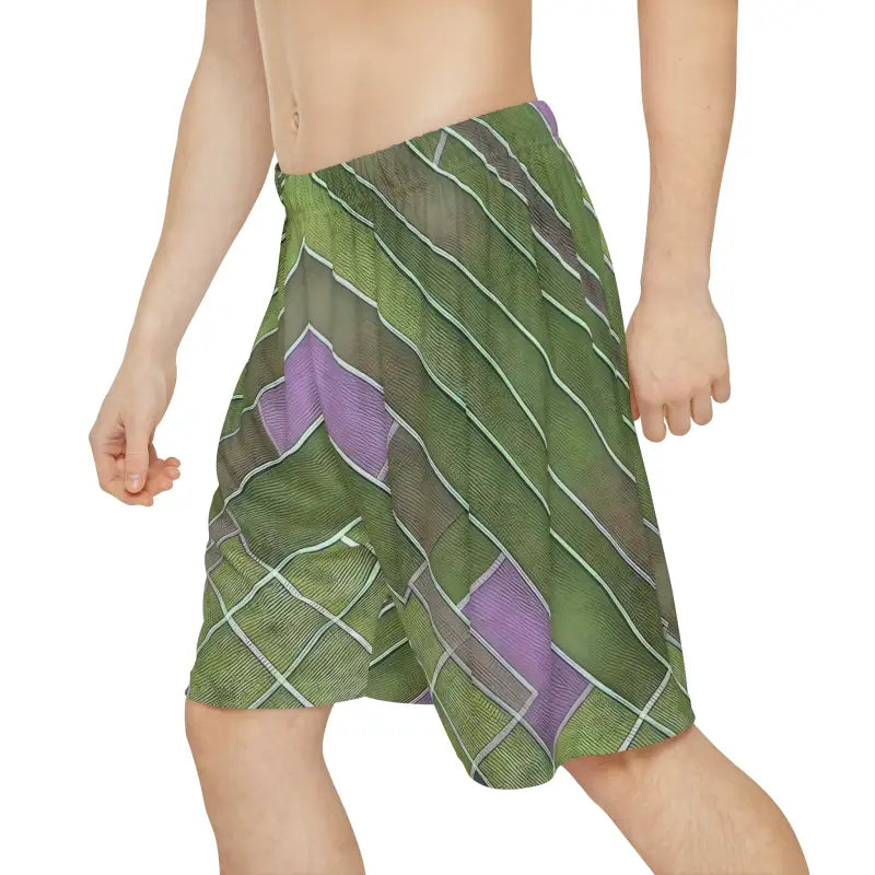 Get Comfy and Stylish with Men’s Green & Purple Sports Shorts - All Over Prints