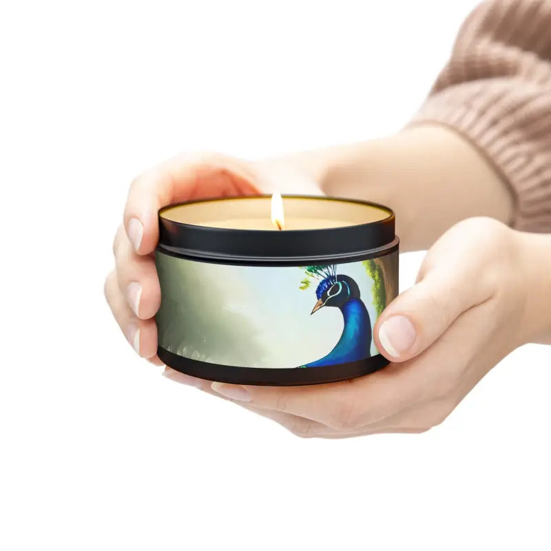 Elevate your Space with Peacock Tin Aromatherapy Candles - 8oz / Black / Evergreen Home Decor