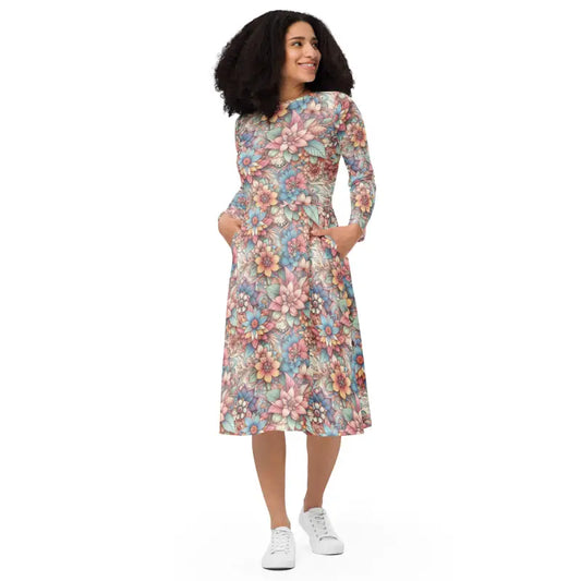 Level Up in a Floral Long Sleeve Midi Dress! - Xs Dresses