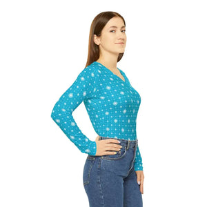 Long Sleeve v Neck Blue with Pattern Women’s Tee by Dipaliz - T-shirts