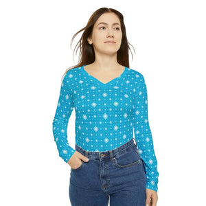 Long Sleeve v Neck Blue with Pattern Women’s Tee by Dipaliz - T-shirts
