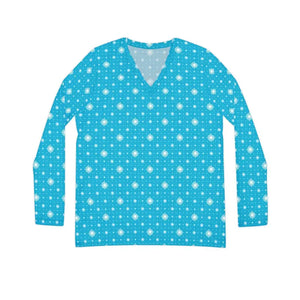 Long Sleeve v Neck Blue with Pattern Women’s Tee by Dipaliz - T-shirts