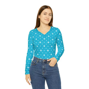 Long Sleeve v Neck Blue with Pattern Women’s Tee by Dipaliz - Xs - T-shirts