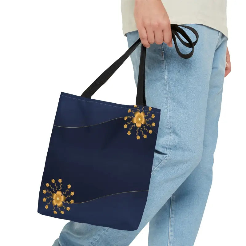 Rock Gold Flowers on Navy Blue Tote Bag: Elevate your Style - Small Bags