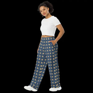Wide Leg Pants Navy Blue Floral Print Comfort Style Dipaliz