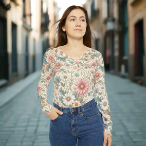 Pretty Pastel Flowers V-neck Long Sleeve Shirt - Dipaliz - T-shirts