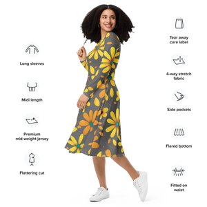 Long Sleeve Midi Dress Large Yellow Flowers Polyester Elastane Dipaliz - Dresses