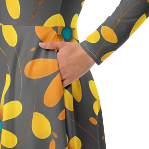 Long Sleeve Midi Dress Large Yellow Flowers Polyester Elastane Dipaliz - Dresses