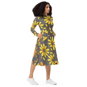 Long Sleeve Midi Dress Large Yellow Flowers Polyester Elastane Dipaliz - Dresses