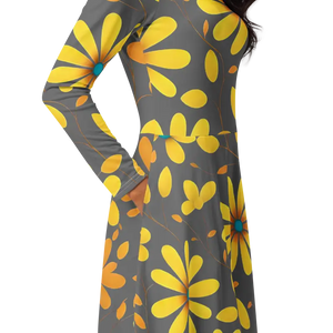 Long Sleeve Midi Dress Large Yellow Flowers Polyester Elastane Dipaliz - Dresses