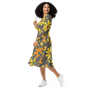 Long Sleeve Midi Dress Large Yellow Flowers Polyester Elastane Dipaliz - Dresses