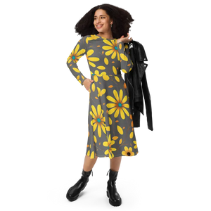 Long Sleeve Midi Dress Large Yellow Flowers Polyester Elastane Dipaliz - Dresses