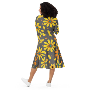 Long Sleeve Midi Dress Large Yellow Flowers Polyester Elastane Dipaliz - Dresses