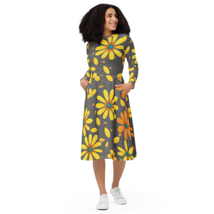 Long Sleeve Midi Dress Large Yellow Flowers Polyester Elastane Dipaliz - Xs - Dresses