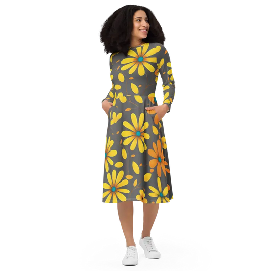 Shine in Style: Long Sleeve Midi Dress with Large Yellow Flowers - Xs Dresses