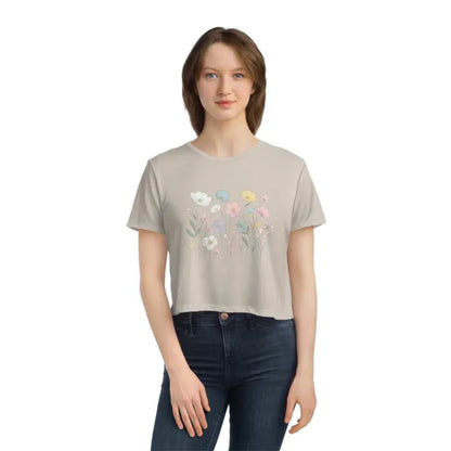 Blossom in Style: Rock the Wild Spring Flowy Cropped Tee - Heather Dust / s T-shirt