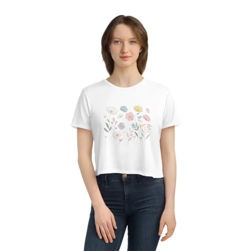 Blossom in Style: Rock the Wild Spring Flowy Cropped Tee - White / s T-shirt