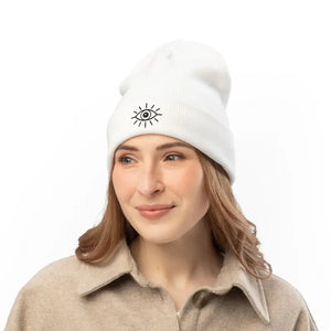 Eye Knit Beanie - Minimal Mystic Winter Embroidered Hat - Dipaliz - one Size / White - Beanies