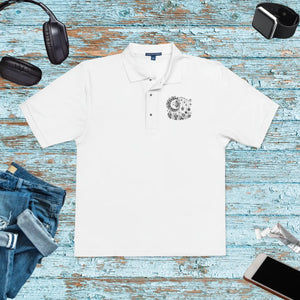 Embroidered boho moon and stars motif on a white DipaliZ unisex polo