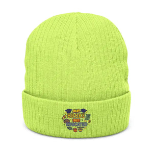 Ribbed Knit Beanie - Broke but Educated Embroidered - Dipaliz - one Size / Acid Green - Beanies