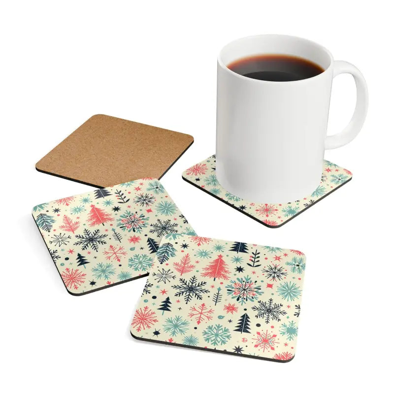 Festive Christmas Snowflake Corkwood Coaster Set! - Cork / 3.75’’ × / Square Home Decor