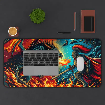 Epic Dragon and Warrior Battle Desk Mat for Intense Gaming - Computer Accessories