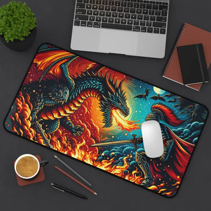 Epic Dragon and Warrior Battle Desk Mat for Intense Gaming - Computer Accessories