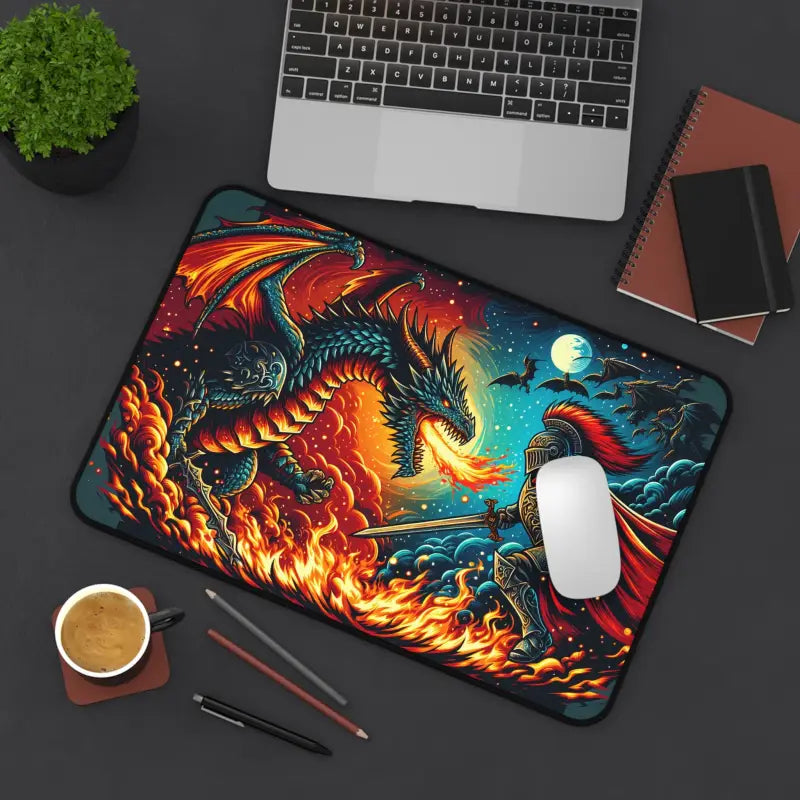 Epic Dragon and Warrior Battle Desk Mat for Intense Gaming - Computer Accessories