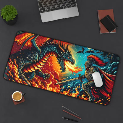 Epic Dragon and Warrior Battle Desk Mat for Intense Gaming - Computer Accessories