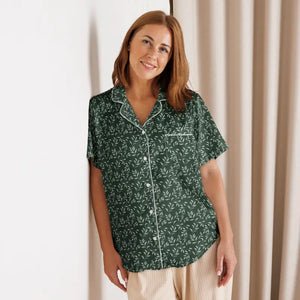 Eucalyptus Leaves Short Sleeve Pajama Top Silky Loungewear Dipaliz - Clothing Tops