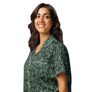 Eucalyptus Leaves Short Sleeve Pajama Top Silky Loungewear Dipaliz - Clothing Tops