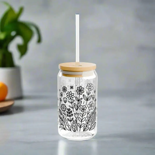 Exciting 16oz Floral Glass Sipper with Bamboo Lid - Tumbler