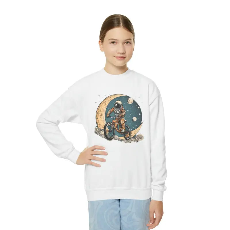 Exciting Youth Crewneck: Astronaut Moon Adventure Sweatshirt - White / Xs