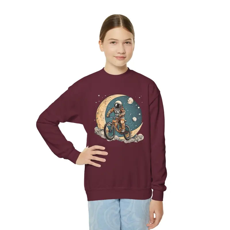 Exciting Youth Crewneck: Astronaut Moon Adventure Sweatshirt - Maroon / s