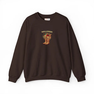 Fall Cowboy Boot Crewneck Sweatshirt, ?Boots and Pumpkins’ Autumn Floral Graphic - Sweatshirts