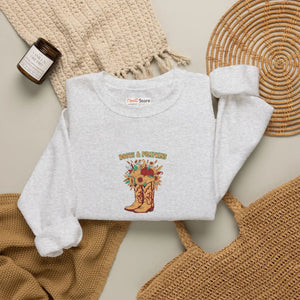 Fall Cowboy Boot Crewneck Sweatshirt, ?Boots and Pumpkins’ Autumn Floral Graphic - Sweatshirts