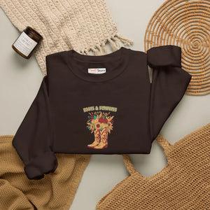 Fall Cowboy Boot Crewneck Sweatshirt, ?Boots and Pumpkins’ Autumn Floral Graphic - Sweatshirts