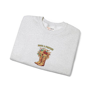 Fall Cowboy Boot Crewneck Sweatshirt, ?Boots and Pumpkins’ Autumn Floral Graphic - Sweatshirts