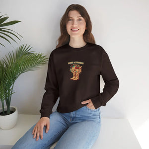 Fall Cowboy Boot Crewneck Sweatshirt, ?Boots and Pumpkins’ Autumn Floral Graphic - Sweatshirts