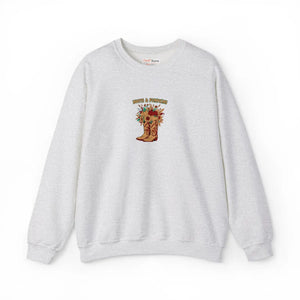 Fall Cowboy Boot Crewneck Sweatshirt, ?Boots and Pumpkins’ Autumn Floral Graphic - Sweatshirts