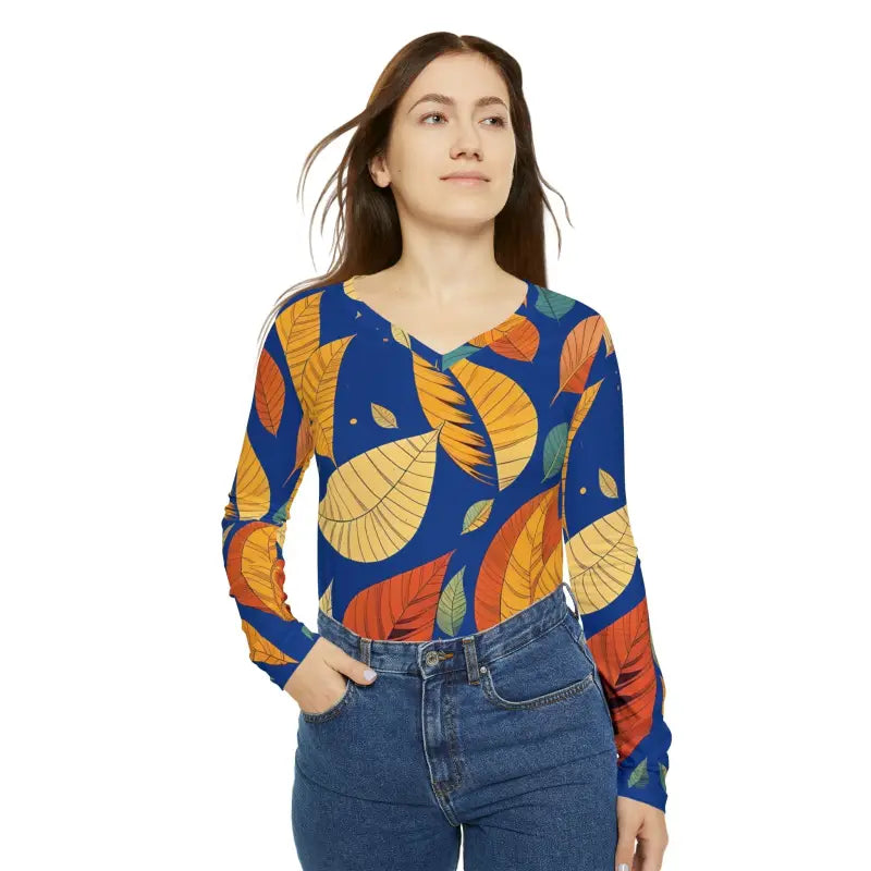 Cozy Long Sleeve Tee with Vibrant Fall Leaves Design - T-shirts