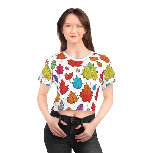 Rock the Fall Foliage Crop Tee: Autumn’s Vibrant Must-have! - Black Stitching / l All Over Prints