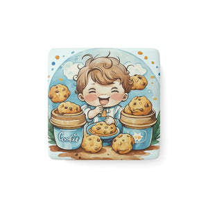 Porcelain Magnet - Kid Eating Cookies Design - Dipaliz - White / 2’’ x / Square - Home Decor