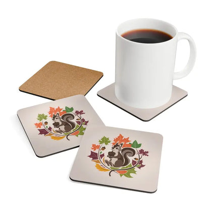 Autumn Vibes: Fall Season Charm Coaster Set with Squirrel Design - Cork / 3.75’’ × / Square Home Decor