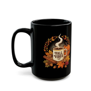 Fall Vibes Coffee Mug, Autumn Pumpkin & Leaves Black Ceramic (11oz/15oz) - Mugs