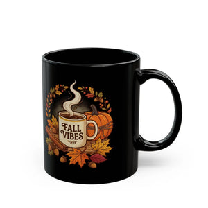 Fall Vibes Coffee Mug, Autumn Pumpkin & Leaves Black Ceramic (11oz/15oz) - Mugs