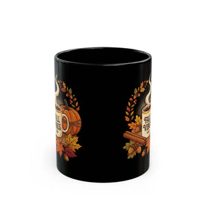 Fall Vibes Coffee Mug, Autumn Pumpkin & Leaves Black Ceramic (11oz/15oz) - Mugs