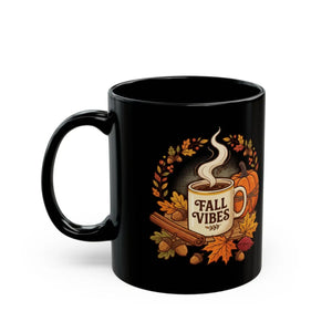 Fall Vibes Coffee Mug, Autumn Pumpkin & Leaves Black Ceramic (11oz/15oz) - Mugs